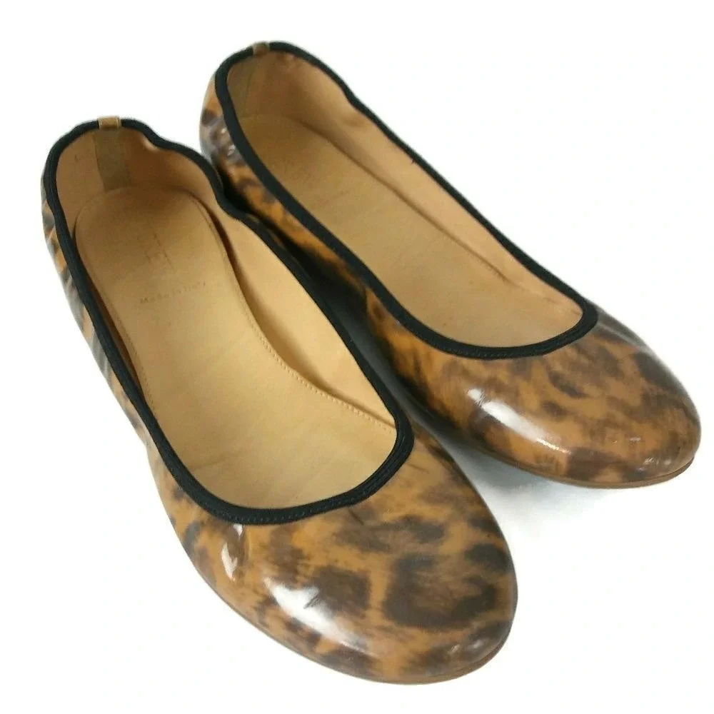 J.Crew Ballet Flats Sz 8.5 Leopard Print Patent Leather Shoes Slip‎ On Loafers